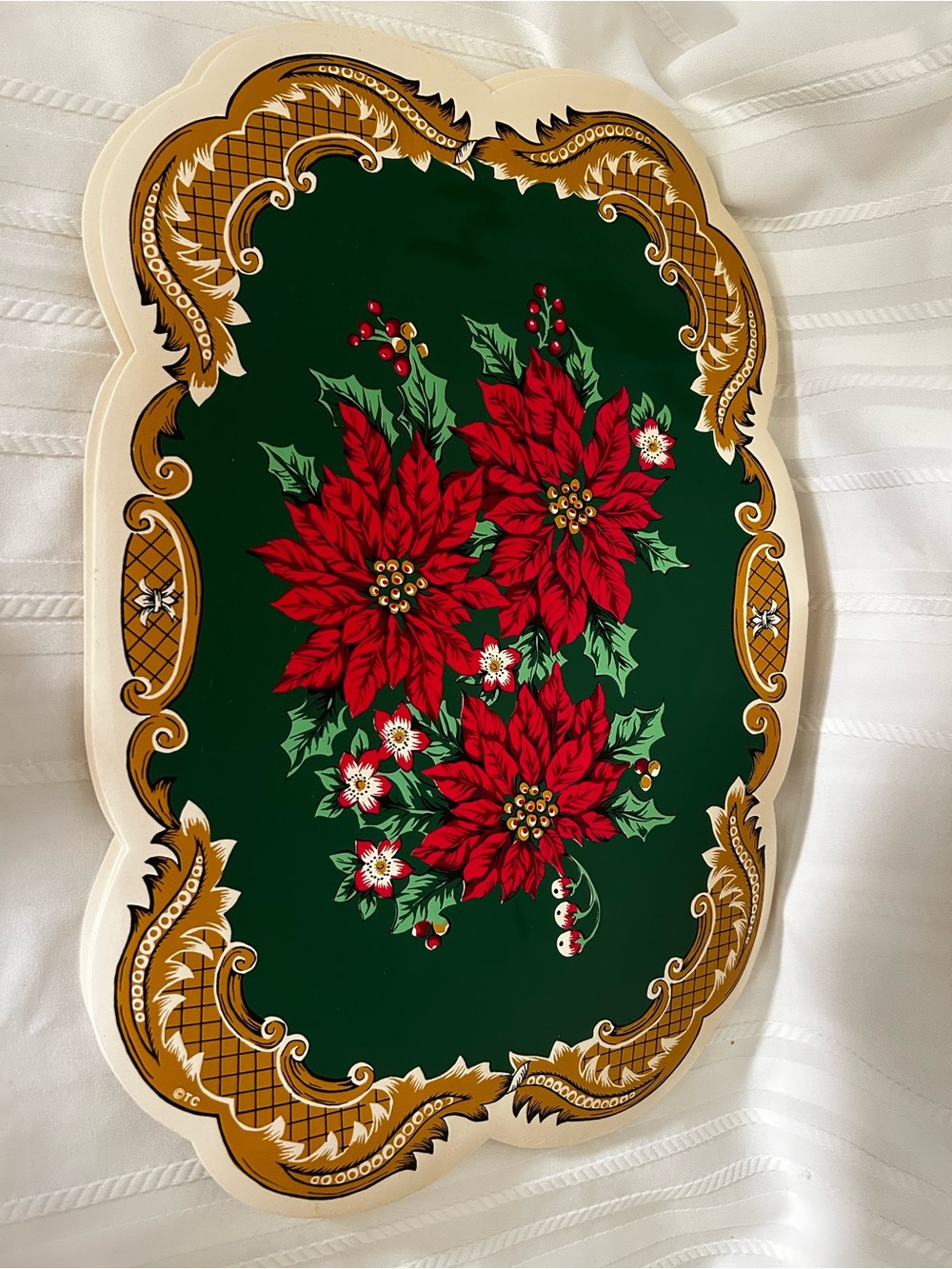 Vintage Set of 4 Christmas Pointsettia Vinyl Placemats Holiday Decor Table Gold